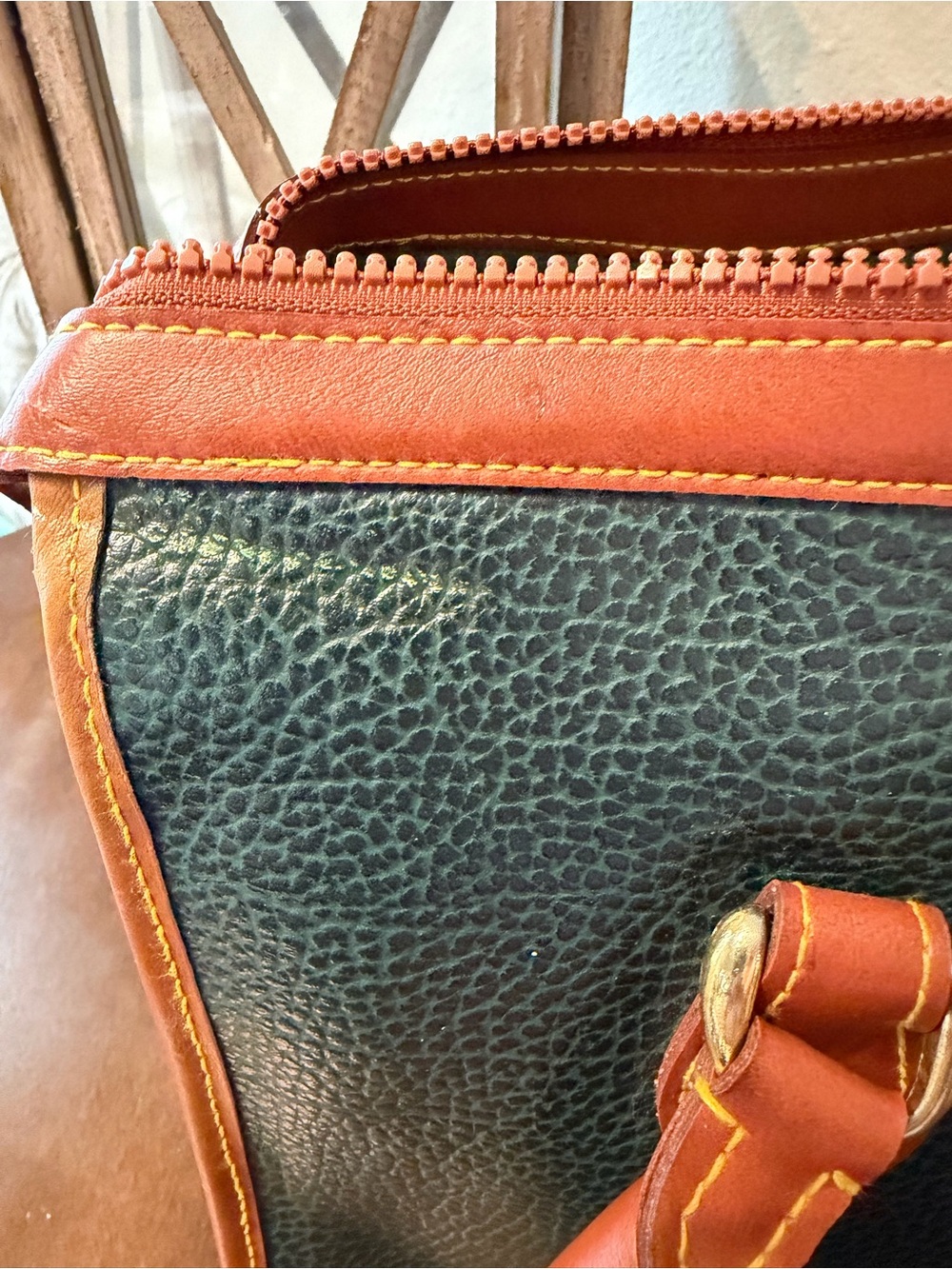 Dooney & Bourke Dark Green Pebbled Leather Satchel with Tan Trim and Strap - Picture 4 of 12